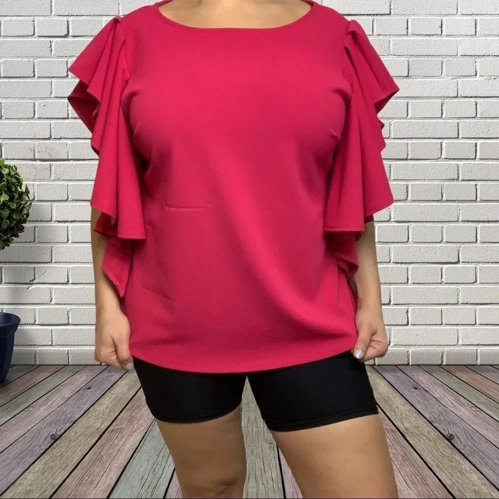 NWT NY&CO Solid Pink Ruffle Short Sleeve Short Sleeve Blouse Scoop Neck size XL